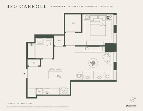 Floor plan for 1 bed, 1 bath, 632 sqft